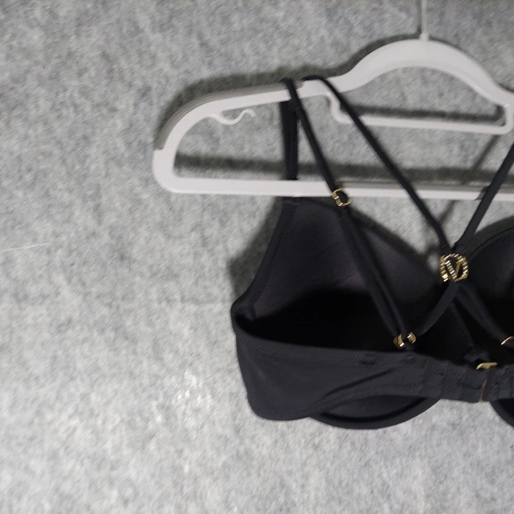 Victorias Secret Bikini Top 34D Black Push Up Wired Glam Rhinestone Logo Strappy